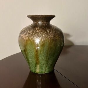 Vintage Green & Brown Drip Glaze Art Pottery Bud Vase